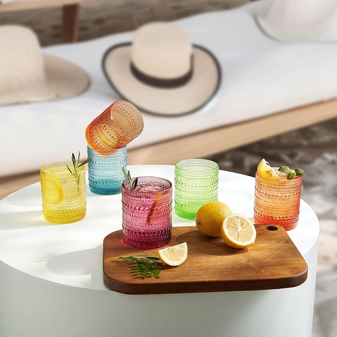 Khen Hobnail Drinking Glasses - Colorful Tumblers, 10 oz Drinkware for Parties, Brunches, BBQs, Picnics & Gifts - Cups for Cocktails, Iced Tea & Juice - BPA-Free - Set of 6, Summer Colors