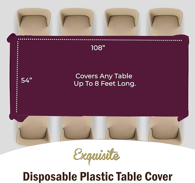Exquisite 12-Pack Premium Plastic Tablecloth 54in. x 108in. Rectangle Table Cover - Plum