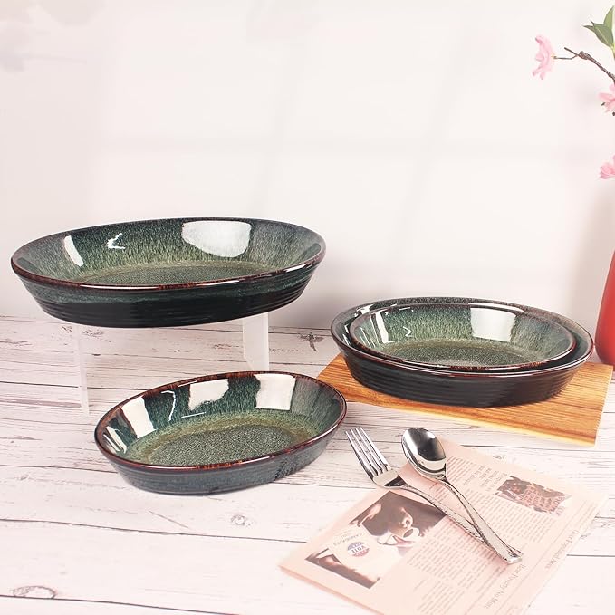 Oval 9.5 x 7 Inch Ceramic Pie Pan Quiche Baking Dish Set of 2, 22 Ounces Non-Stick Pie Dish Quiche Pan, Tart, Pot Pies, Dessert, Pie Plate for Apple, Oven, Dishwasher and Microwave Safe