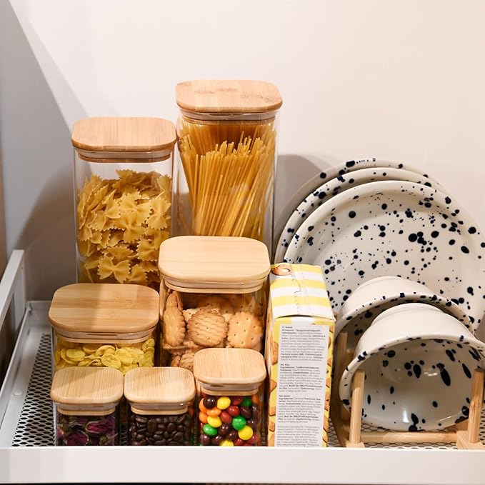Glass Food Storage Jars Square 44oz, 3 Pack Glass Jars With Bamboo Lids, Kitchen Storage Containers For Spice, Candy, Cookie, Storage For Pantry Organizers