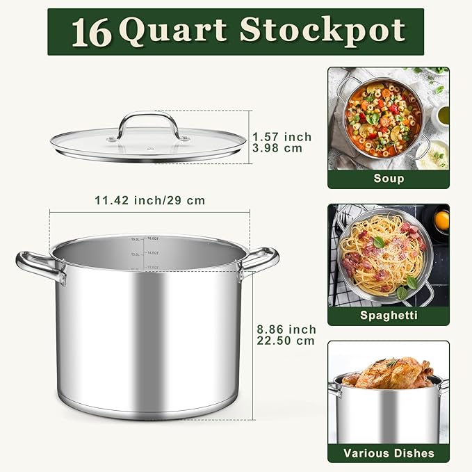 Leonyo 16 Quart Stock Pot With Lid, 18/10 Stainless Steel Stockpot, large Induction Cooking Pot with Visible Lid for Pasta, Soup, Spaghetti, Tri-Ply Bottom & Heavy Duty, Various Stovetops Suitable