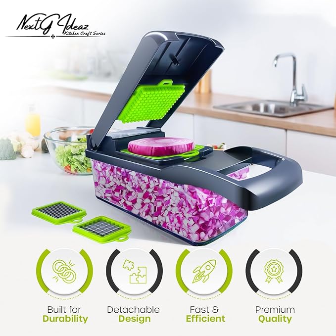 Multifunctional Vegetable Chopper, Slicer, Dicer, Cutter 14 PCs, with Container for Onion, Carrot, Potato, Salad, Garlic, ABS Design, Stainless Steel Blades.