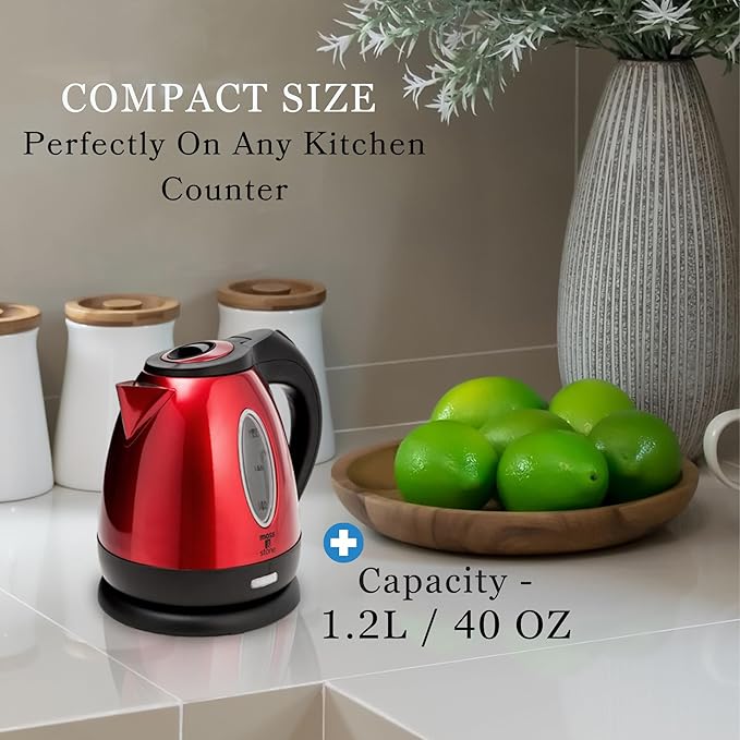 Moss & Stone 1.2L Stainless Steel Small Electric Kettle Red Color, Cordless 1500w Fast Boiling Pot, Portable Hot Water Electric Tea Kettle With Boil Dry Protection & Auto Shut-Off