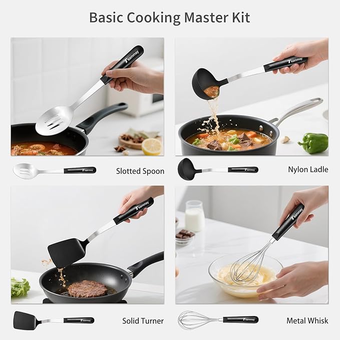 4-Piece Nylon Cooking Utensil Set - Heat-Resistant, Dishwasher Safe Kitchen Tools with Stainless Steel & PP Hybrid Handle for Nonstick Cookware (Ladle, Spatula, Slotted Spoon, Whisk)