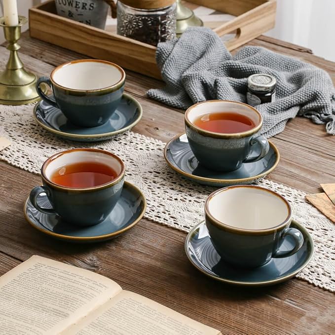 SHUER Ceramic Cappuccino Cup Set of 4, 11.2 OZ Cups and Saucers Set,Coffee Mocha Cup Sets,Black Coffee Cups and Glaze Americano Mug Great for Party and Low Tea Time (Blue 320ml)