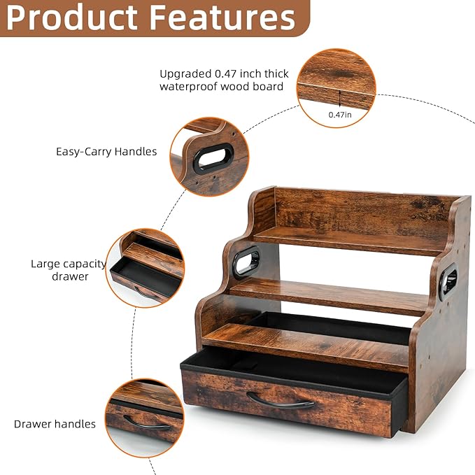 3-Tier Liquor Bottle Display Shelf with Drawers- Holds 12 Bottles & 36 K-Cups, Tabletop Wine Rack, Coffee Syrup Rack, for Mini Bar, Whiskey, Spice Storage, Kitchen Organizers