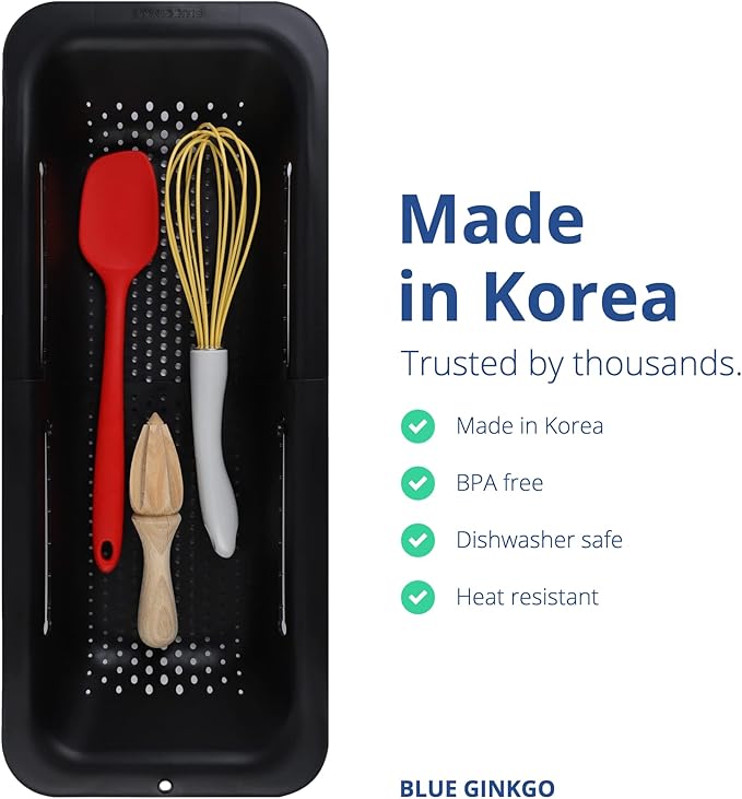 BLUE GINKGO Over the Sink Colander Strainer Basket - Wash Vegetables and Fruits, Drain Cooked Pasta and Dry Dishes - Extendable - New Home Kitchen Essentials - Black