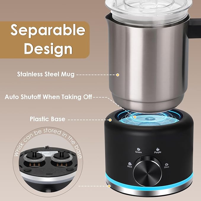 Milk Frother and Steamer, 16.9 OZ Milk Frother for Coffee, 4 in 1 Frother Separable Easy to Use and Clean, Durable Safe Silent Working for Coffee, Latte, Cappuccino Hot Chocolate, Black