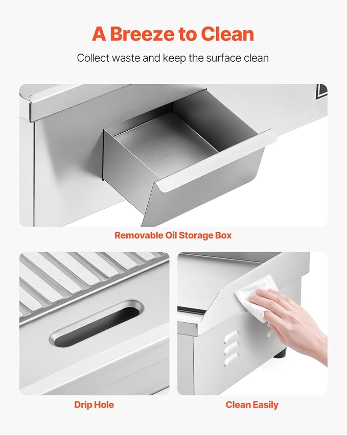 VEVOR Commercial Electric Griddle, 21.06 x 11.81 inch, 1750W, 122-570°F Adjustable Temp Control, Stainless Steel Body, Half Grooved Half Flat, with 2 Spatulas, 2 Brushes, and 4 Foot Pads, for Steak