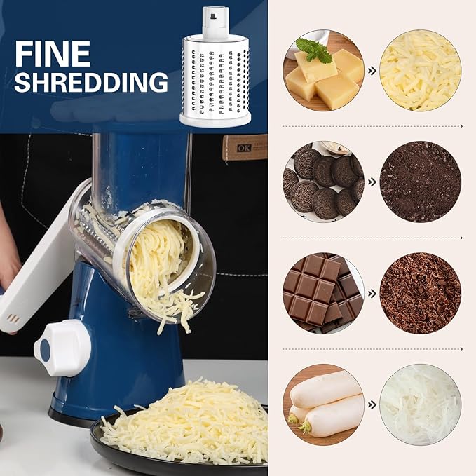 Cambom Rotary Cheese Grater Hand Crank Cheese Shredder for Fresh Cheese, Vegetable, Nuts,Non-slip Suction Base, Free Cleaning Brush Three Blades,Deep Blue