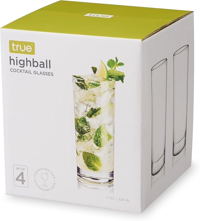 True Highball Glasses, Tall Glass Tumbler for Cocktails, Mojito Iced Tea Juices, Soda Water Drinking Cups, Kitchen Glassware, Home Bar, 11 oz Set of 4