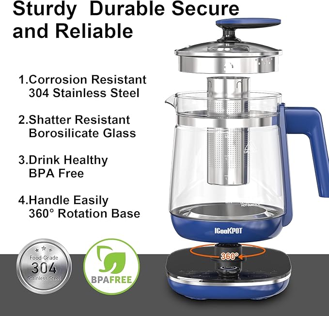 Electric Kettle, 1.5L Borosilicate Glass Hot Water Kettle Electric & Tea Kettle for Coffee or Tea, BPA Free, Auto Shut-Off, Stainless Steel, Blue, 1200w
