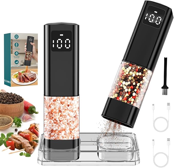 Electric Salt and Pepper Grinder Set, Rechargeable Electric Pepper Grinder with LED Display, Adjustable Coarseness, Large Capacity Refillable Salt and Pepper Shakers, Ideal for Kitchen, BBQ, Gift