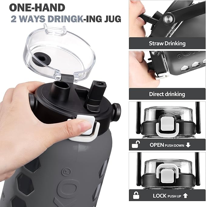 MUKOKO Half Gallon/64 oz Glass Water Bottles with Straw and Lid,Motivational Water Jug with Time Marker Reminder and Silicone Sleeve,100% Leakproof BPA Free Fitness Sports Large Bottle-Grey