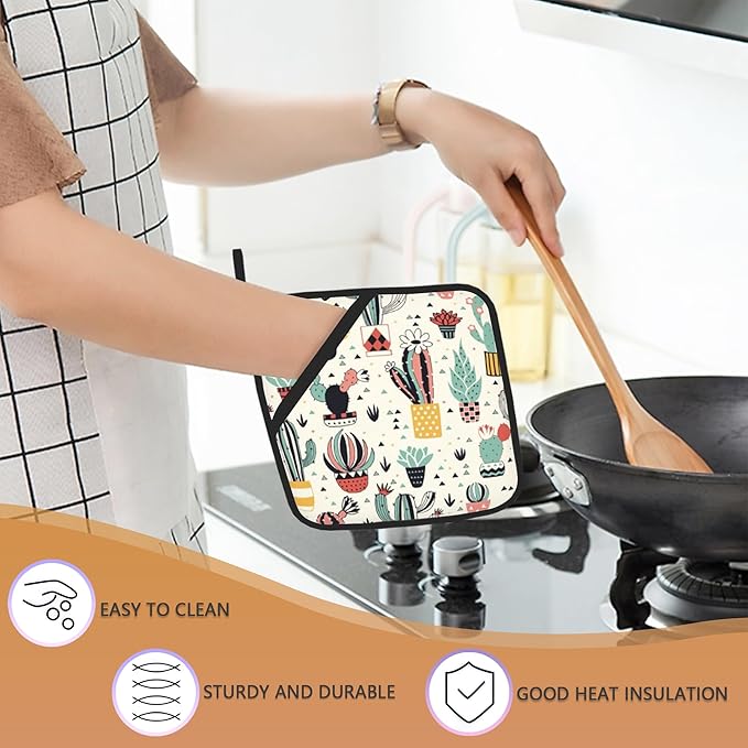 Cute Cactus Pot Holders Set of 2, Kitchen Heat Resistant Flowers and Geometric Elements Potholder for Microwave Cooking Baking Oven End Dishes and BBQ