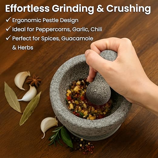 Granite Mortar and Pestle Set with Silicone Base – Large Guacamole Bowl and Masher, Herb Grinder, Spice Grinder, Garlic Smasher, Avocado Masher Tool, Stone Mill Grinder for Kitchen Spices