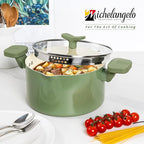 MICHELANGELO Pasta Pot with Strainer Lid - 6 Quart Cooking Pot with Lid, Non Stick Spaghetti Pot Ceramic Coated with Twist and Lock Handles for Easy Draining, Induction Compatible, Roden Green