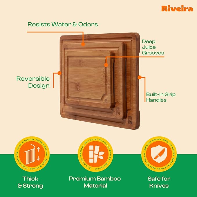 Riveira Brown Bamboo Wood Cutting Board – Versatile And Durable: Set Of 3 Pcs Rectangular Wooden Cutting Board – Natural Wooden Cutting Boards For Kitchen Set – Complete Bamboo Wooden Chopping Board