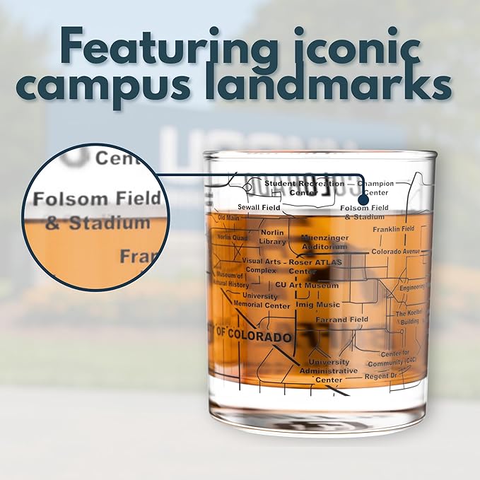 Greenline Goods – University of Colorado Buffaloes College Whiskey Glasses (Set of 2), 10 oz – Full-Color Logo + Campus Map