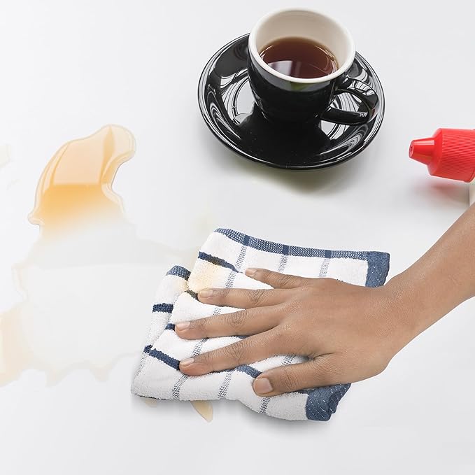 Urban Villa Dish Cloths Terry Cotton Pack of 6, Highly Absorbent Quick Drying Super Soft Premium Dish Towels for Kitchen with Hanging Loop Hand & Tea Towels - 12x12 Inch, (Blue & White, Checks)