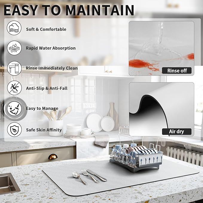 Dish Drying Mat for Kitchen Counter, Heat Resistant Drainer Mats with Non-slip Rubber Backed, Hide Stain Kitchen Super Absorbent Draining Mat, Easy to Clean Dish Rack Pad, Light Grey 16"x20"
