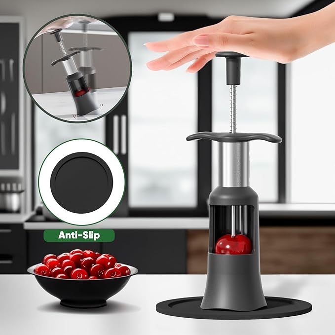 2 in 1 Cherry Pitter Remover Tool, Premium Quick Release Cherry Pitter, Press & Push Type, Large 33mm Cherry Seed Remover, Durable, Food Grade Stainless Steel & PP Plastic, More Labor Saving