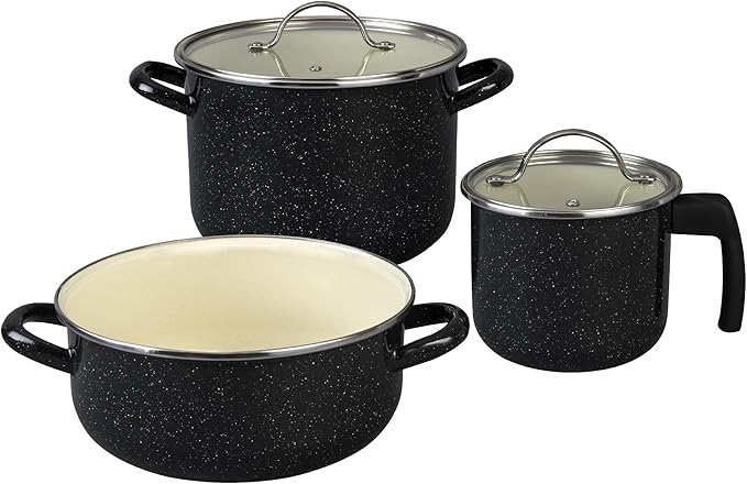 Granite Ware 5-Piece Bicolour Cookware Set, Enameled Steel with Glass Lid, Speckled Black & Cream, Oven Safe to 935°F