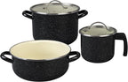 Granite Ware 5-Piece Bicolour Cookware Set, Enameled Steel with Glass Lid, Speckled Black & Cream, Oven Safe to 935°F