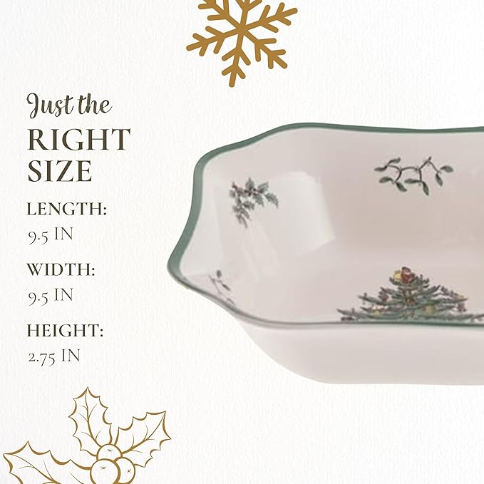 Spode Christmas Tree 9.5-Inch Square Salad Bowl - Ceramic Earthenware Serving Bowl for Salads, Soups, Pasta, and Side Dishes - Festive Holiday Dinnerware with Iconic Christmas Tree Design