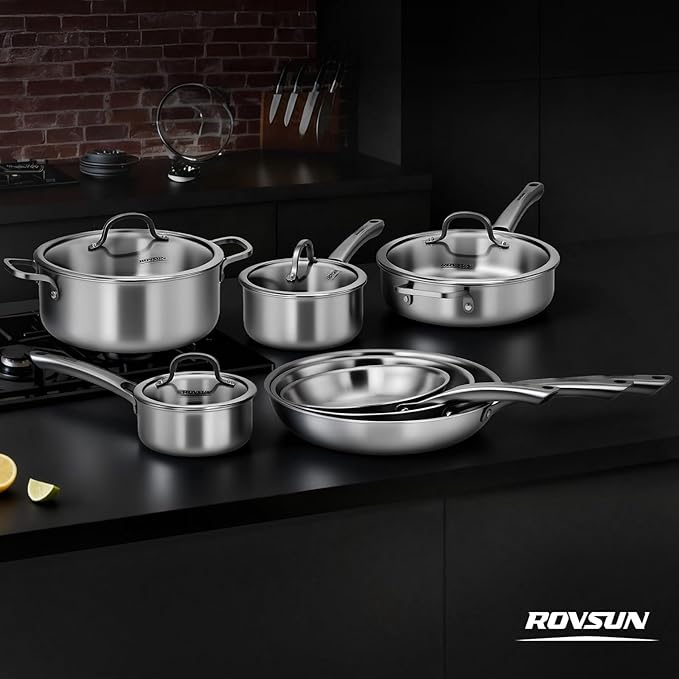 ROVSUN 11-Pcs Stainless Steel Cookware Set, Tri-Ply Pots and Pans Set, Non-Toxic Kitchen Set, PFOA & PTFE Free, Full Clad Frying Pans, Saucepans, Saute Pan & Stock Pot, Compatible for All Cooktops