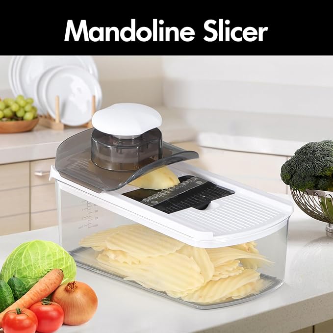 Cambom Mandoline Slicer Vegetable Slicer With 2 L Container for Potatoes, Tomatoes, Cucumbers, Carrots With 10 Blades White