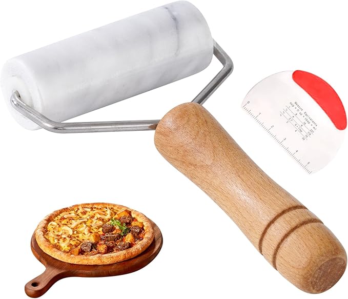 Small Marble Rolling Pin Pizza Roller with Dough Scraper Cutter, Marble Roller Non-Stick T-Type, For Cake Baking Tortilla Fudge Pizza Cookies and Other Kitchen Baking Cooking(White)