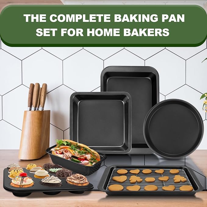 EWFEN Bakeware Sets, Baking Pans Set, Nonstick Oven Pan for Kitchen with Wider Grips, 7-Piece with Round/Square Cake Pan, Loaf Pan, Muffin Pan, Cookie Sheet, Roast Pan, Cooling Rack, Carbon Steel Bake