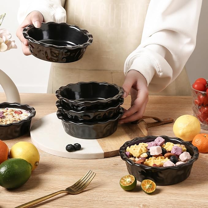 vicrays Ceramic Pie Pan for Baking - 5.5 inch Small Pie Plates Deep Dish Round Pot Casserole Mini Serving Bowl - Microwave Oven Safe for Dessert Apple Pie Cake Tart Pizza Set of 6 - Black