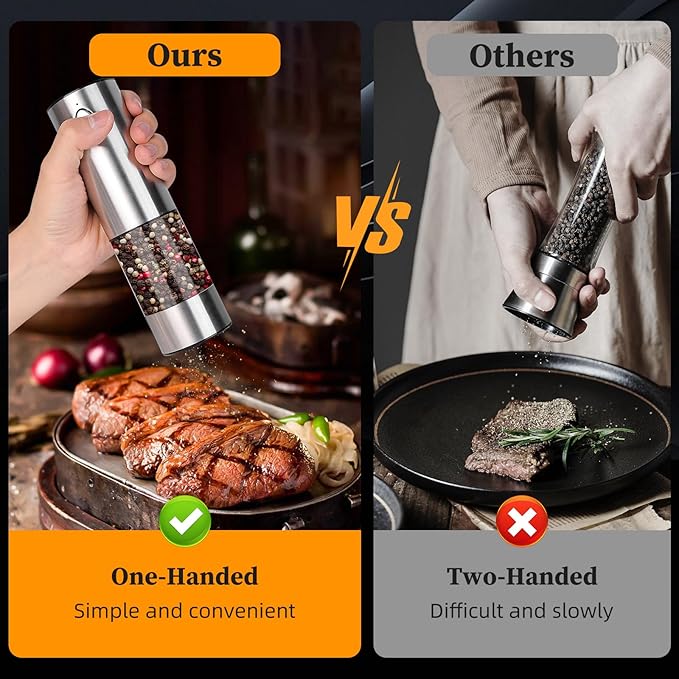 【LARGE CAPACITY】Electric salt and pepper grinder set with Storage Base：USB Rechargeable，Stainless Steel Body Automatic Pepper Mills with Adjustable Coarseness (Stainless Steel Set)