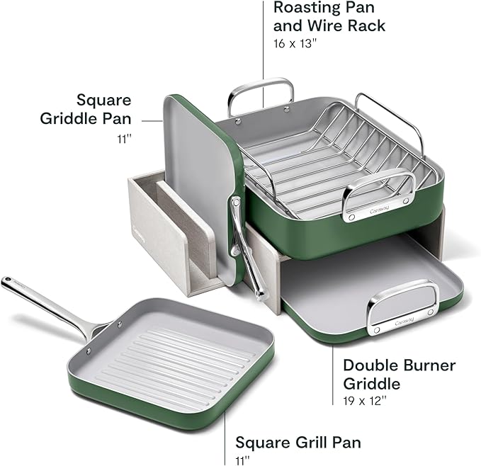 Caraway Square Cookware Set - Square Pans Set - Perfect for Griddling, Toasting, Searing, Roasting, and More - Non-Stick Ceramic Coated Pans - Non Toxic, PTFE & PFOA Free - Sage