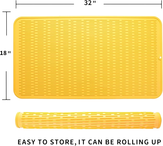 Silicone Dish Drying Mat for Multiple Usage,Easy clean,Eco-friendly,Heat-resistant Silicone Mat for Kitchen Counter or Sink,Refrigerator or Drawer Liner Yellow 4XL 32 inches x 18 inches