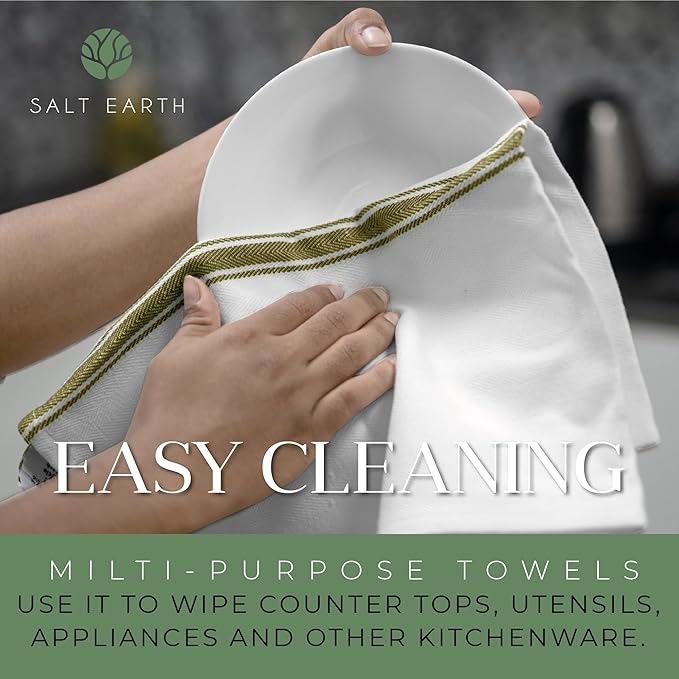 Salt Earth Kitchen Towels Cotton Dish Towel Size 24x14 Inches Set of 4 100% Ring Spun Cotton Absorbent Quick Dry Herringbone Weave Lint Free Washable Dishcloth Hanging Loop Color White & Green Stripe