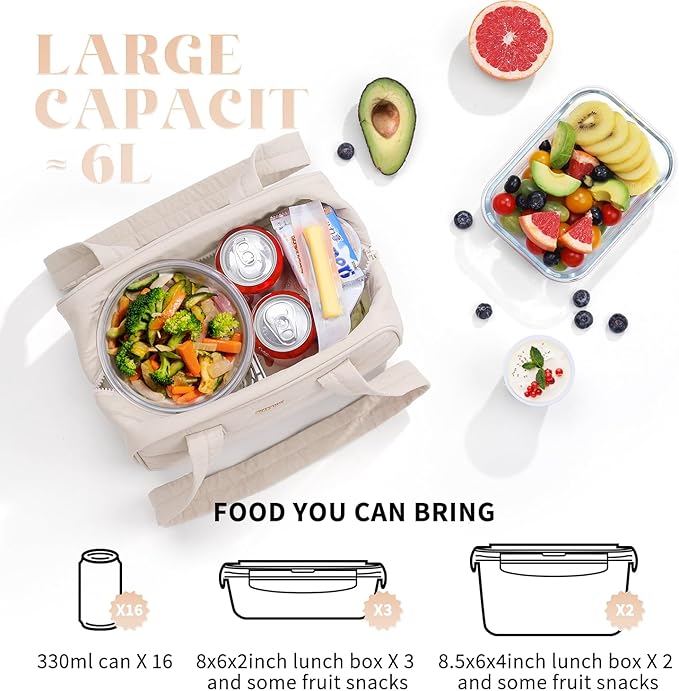 Lunch Bag Women，Freezable Lunch bag，Built-in Ice Pack Small Cooler，Womens Lunch Bags for Work ，Waterproof and Durable，Suitable for Work, Picnics, Travel, and Meal Preparation（Beige）