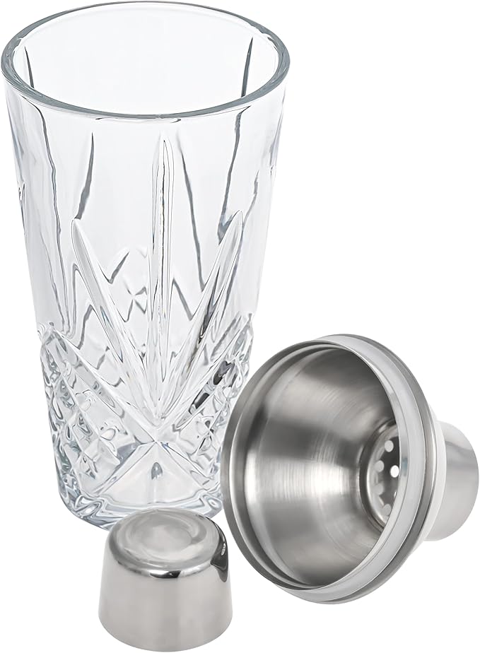 Glass Cocktail Shaker, Martini Shaker with Stainless Steel Lid & Strainer, Bartender Professional Bar Mixing Glass Pitcher Tool Set for Stirring Cocktails, Margarita, Whiskey, Alcohol Drinks, 16oz.