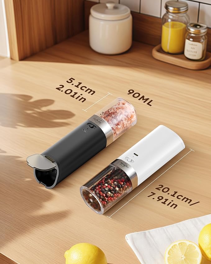 Sangcon Gravity Electric Salt and Pepper Grinder Set Rechargeable with Dust Cover, Large Capacity, Adjustable Coarseness, LED Light, One Hand Automatic Salt Pepper Shaker Set Mill, House Warming Gifts