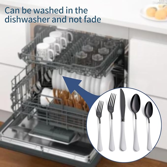 20-Piece Black Silverware Set 18/0 Stainless Steel Flatware White Handle Cutlery Set Service for 4 Dinner Knives Forks Spoons Set Mirror Finish Dishwasher Safe