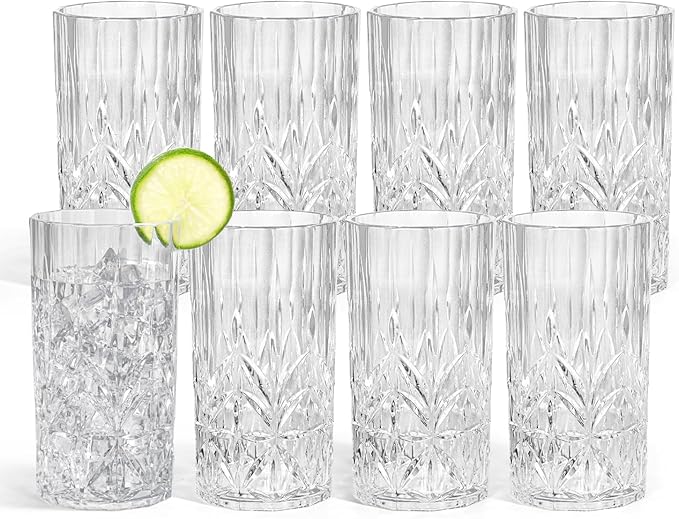 18oz Plastic Drinking Water Tumblers, 8 Pack Shatterproof Tritan BPA-Free Shatterproof Outdoor Highball Drinkware, Reusable Clear Plastic Cups, Dishwasher-Safe