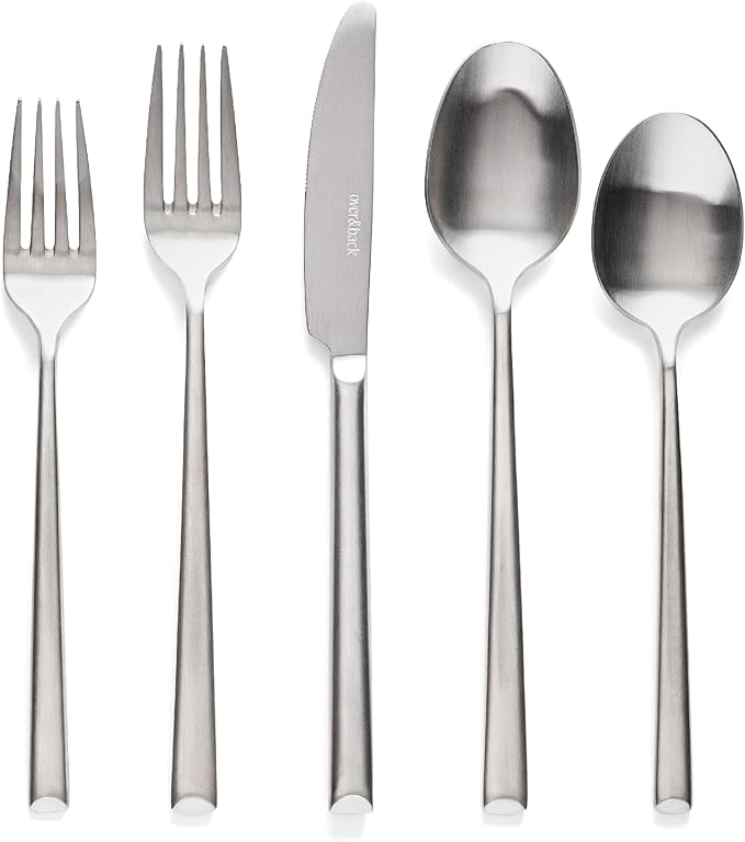 over&back 20pc Modern Flatware Cutlery Set - Comes with 4 Dinner Forks, 4 Salad Forks, 4 Dinner Knives, 4 Dinner Spoons, and 4 Teaspoons - 18/8 Stainless Steel - Dishwasher-Safe - Brushed Stainless