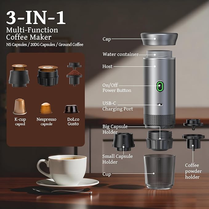 Zcyge Portable Coffee Maker Espresso Machine, Travel Espresso Maker, Cafetera Portatil Expreso with Small Tea Cup, Compatible with Ground Coffee & NS Capsule for RV,Car, Hiking, Camping Office
