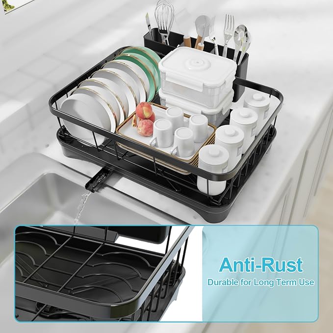 Dish Drying Rack with Drainboard - Space Saving Single Layer Drying Rack,Large Capacity Kitchen Organizer with Utensil Holder & Cutlery Tray, Countertop Dish Drainer Black