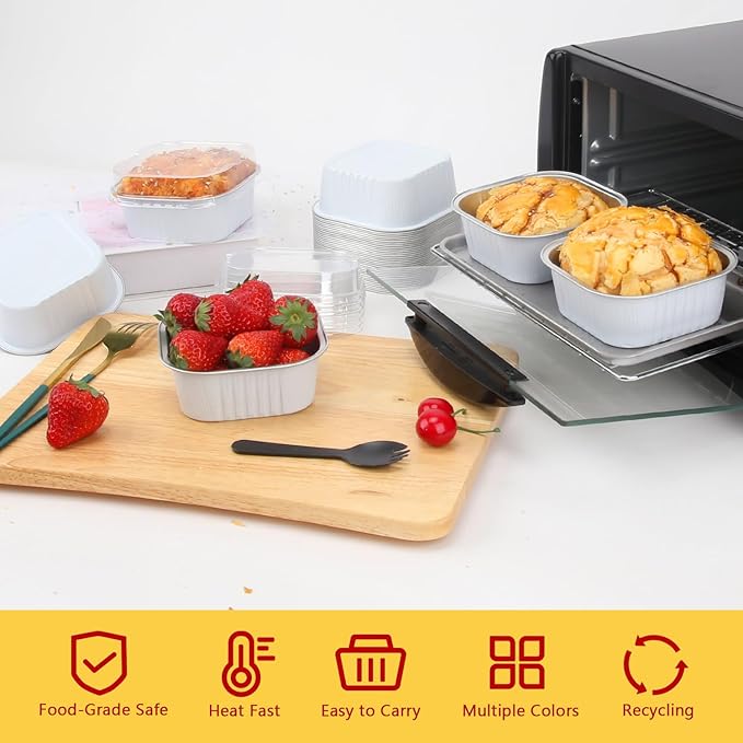 LNYZQUS 10oz/80pack Mini Cake Baking Pans with Lids, 4”X4” Small Cake Pan Foil Brownie Muffin Tins, Square Disposable Ramekins Cupcake Baking Cups Dessert Cheesecake Containers-White