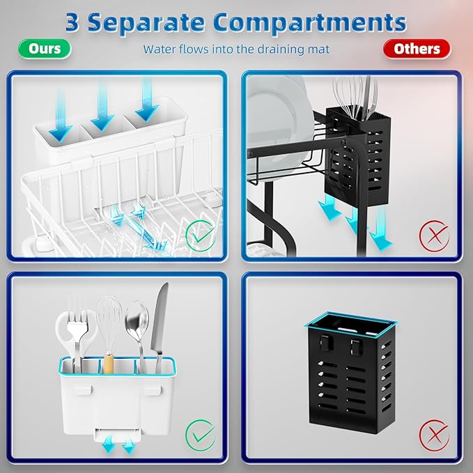 2 Tiers Dish Drying Rack, Space-Saving Dish Racks for Kitchen Counter, Dish Drainer Drying Rack with Drainboard, Utensil Holder Cups Holder and Adjustable Swivel Spout, White