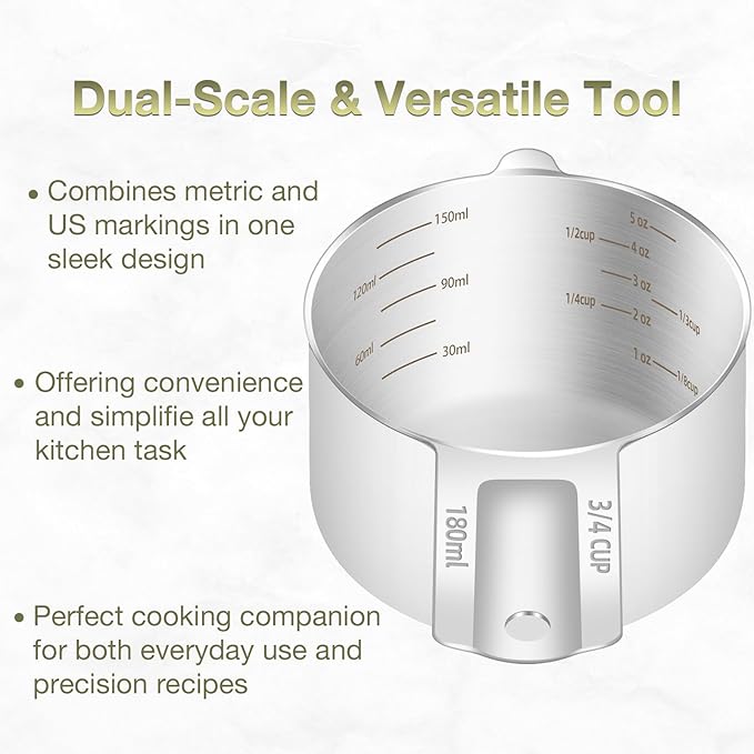 2PCS 3/4Cup (180ml, 6oz) Single Measuring Cup, Etched Inner Scale Stainless Steel Measure Scoop, Metric and US Measurement, Dishwasher Safe