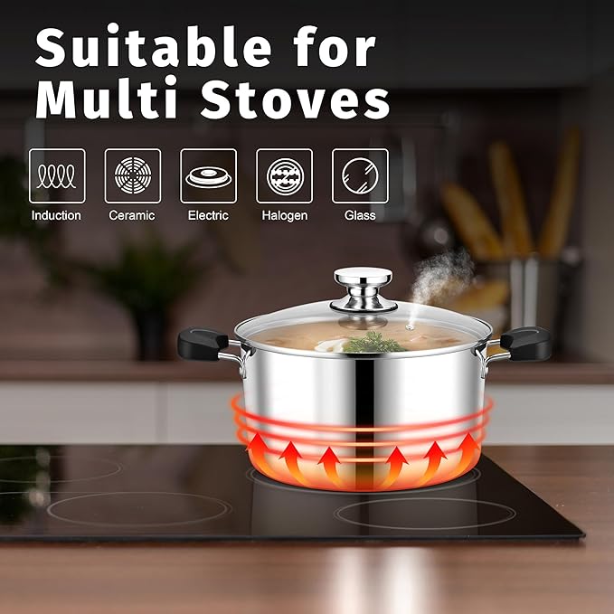 6 Quart 3-Ply Cooking Stock Pot with Lid, P&P CHEF Stainless Steel Large Pot for Pasta Soup, Work on Multi Stove, Heavy Duty & Dishwasher Safe, Dual Heat-resistant Handles & Visible Lid